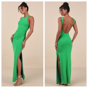 Lulus Karise Green Mesh Ruched Backless Maxi Dress